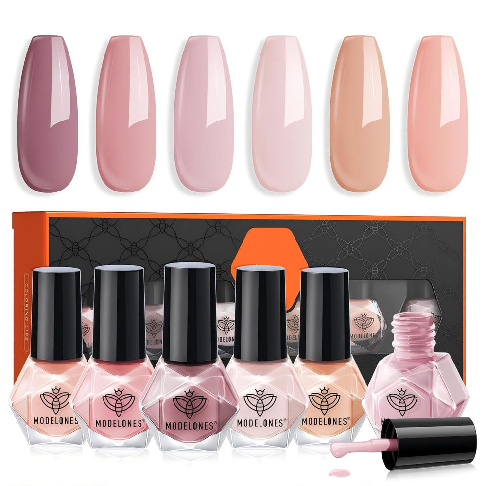 modelones front packaging showing six nude pastel bottles and orderly display benefit quick selection