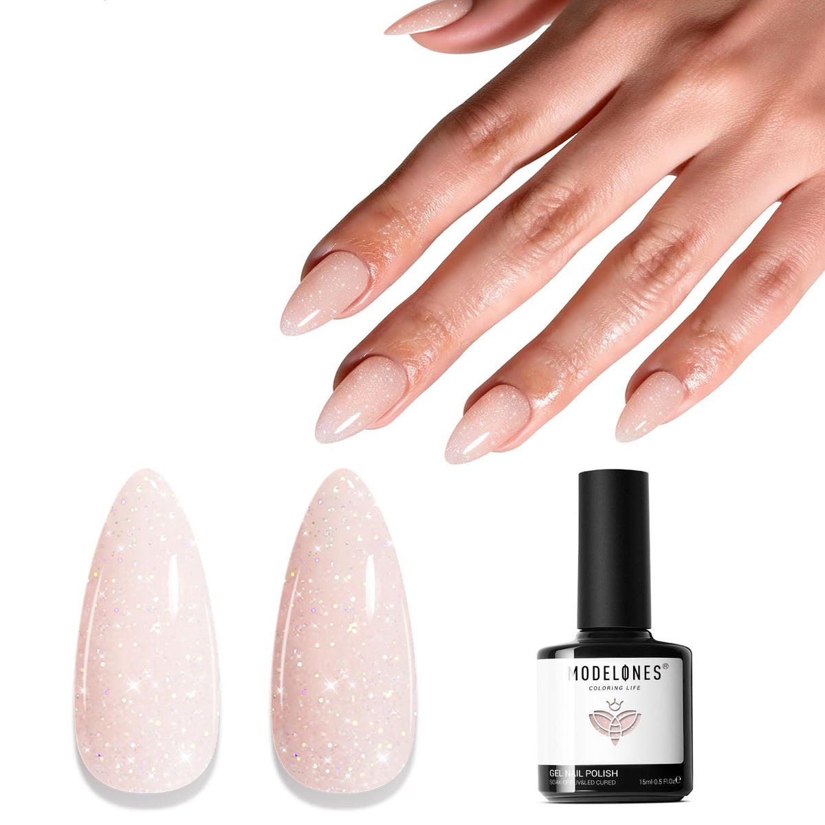 modelones front packaging showing nude pink glitter polish and benefits