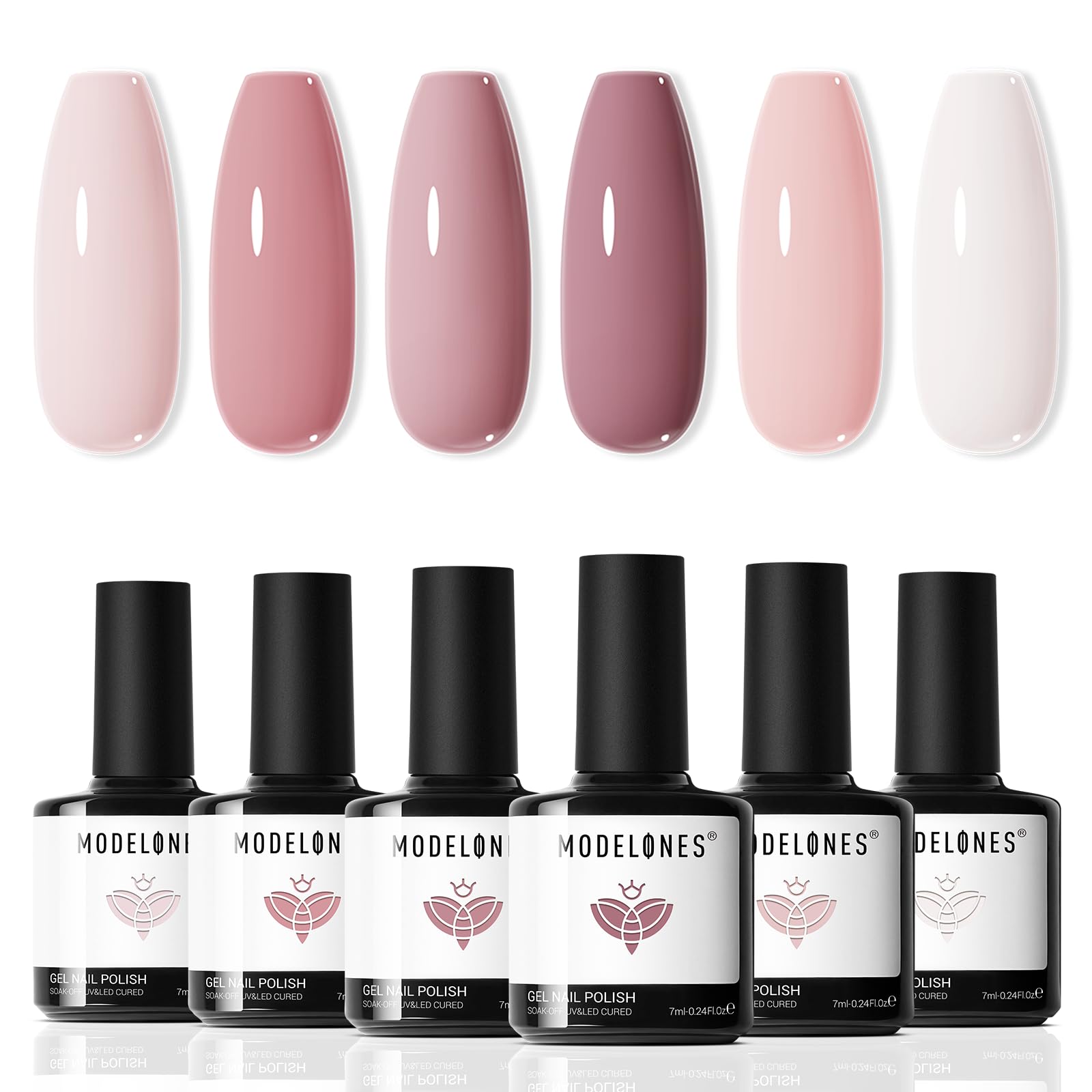 modelones front packaging showing six nude pink bottles and kit benefits