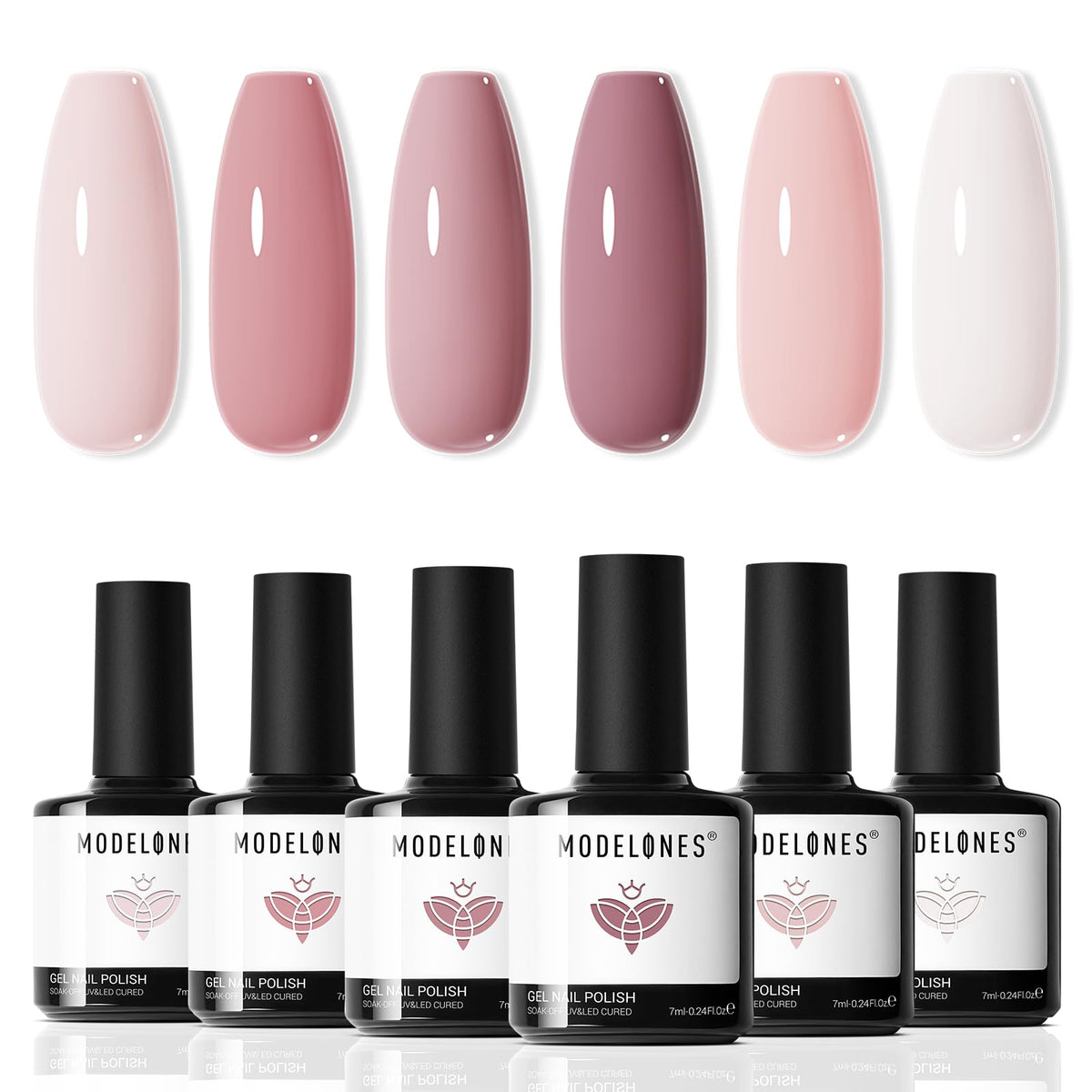 modelones front packaging showing six nude pink bottles and kit benefits