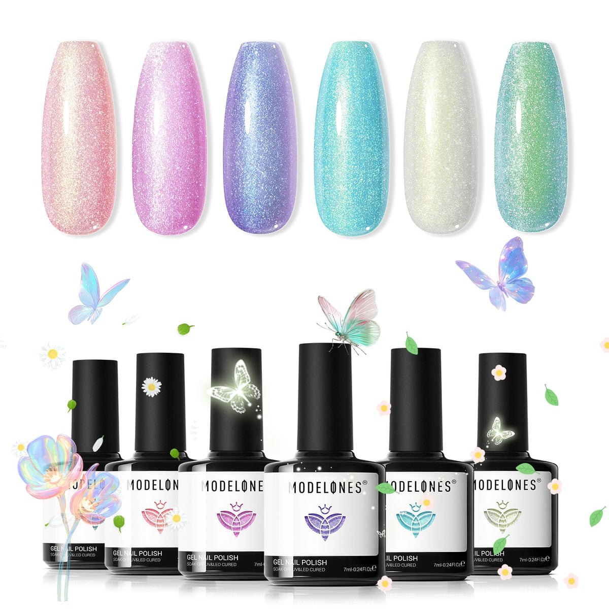 modelones front packaging showing six pastel aurora gel bottles and colorful display, inspires creative manicures