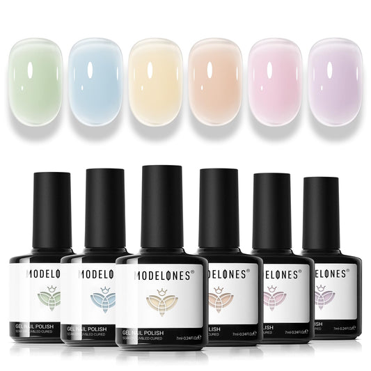modelones front packaging showing six pastel jelly bottles and set benefit gloss