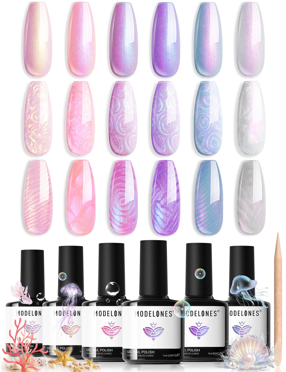 modelones front packaging showing six pastel shimmer bottles and benefit of variety