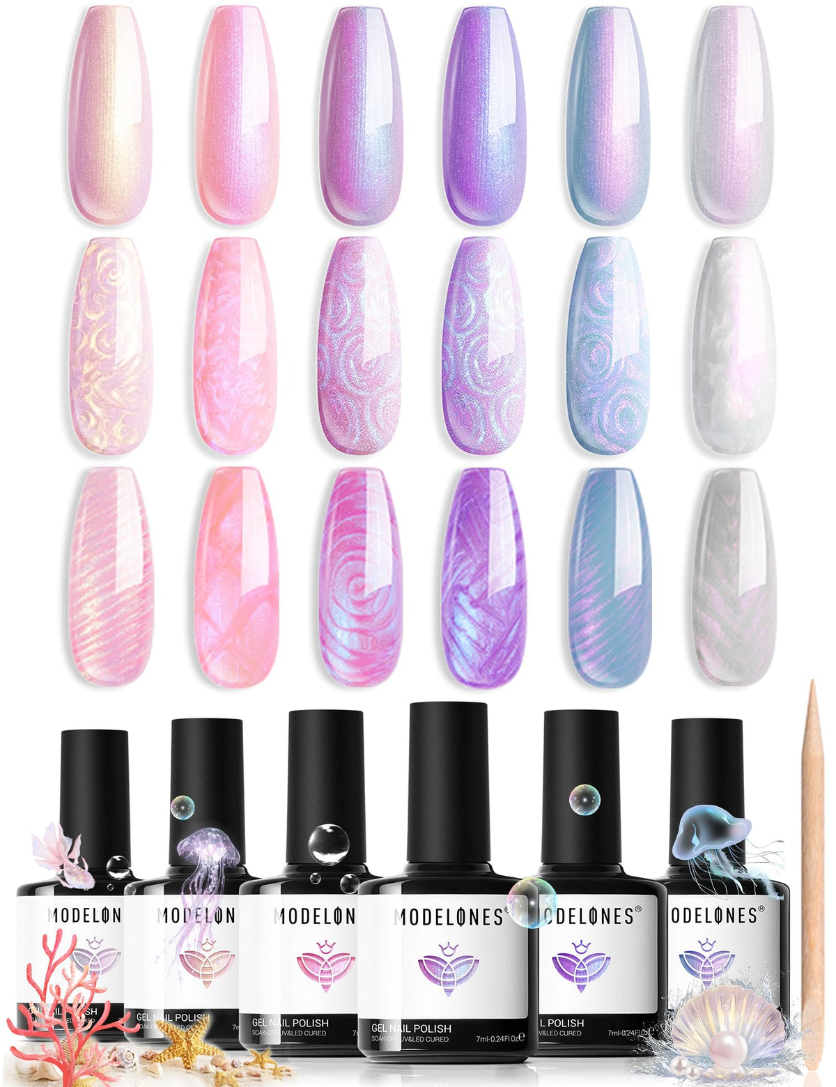 modelones front packaging showing six pastel shimmer bottles and benefit of variety