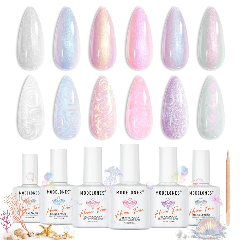 modelones front packaging showing six iridescent gel bottles and dotting pen for gift-ready shimmer