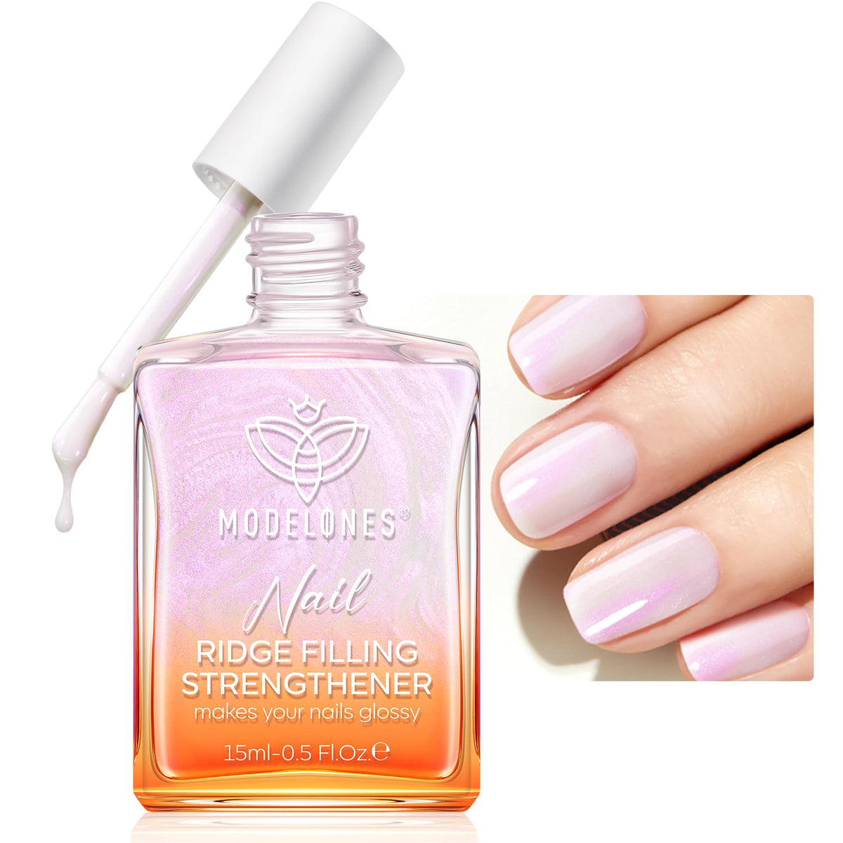modelones front packaging showing pearl pink polish and clear label benefit