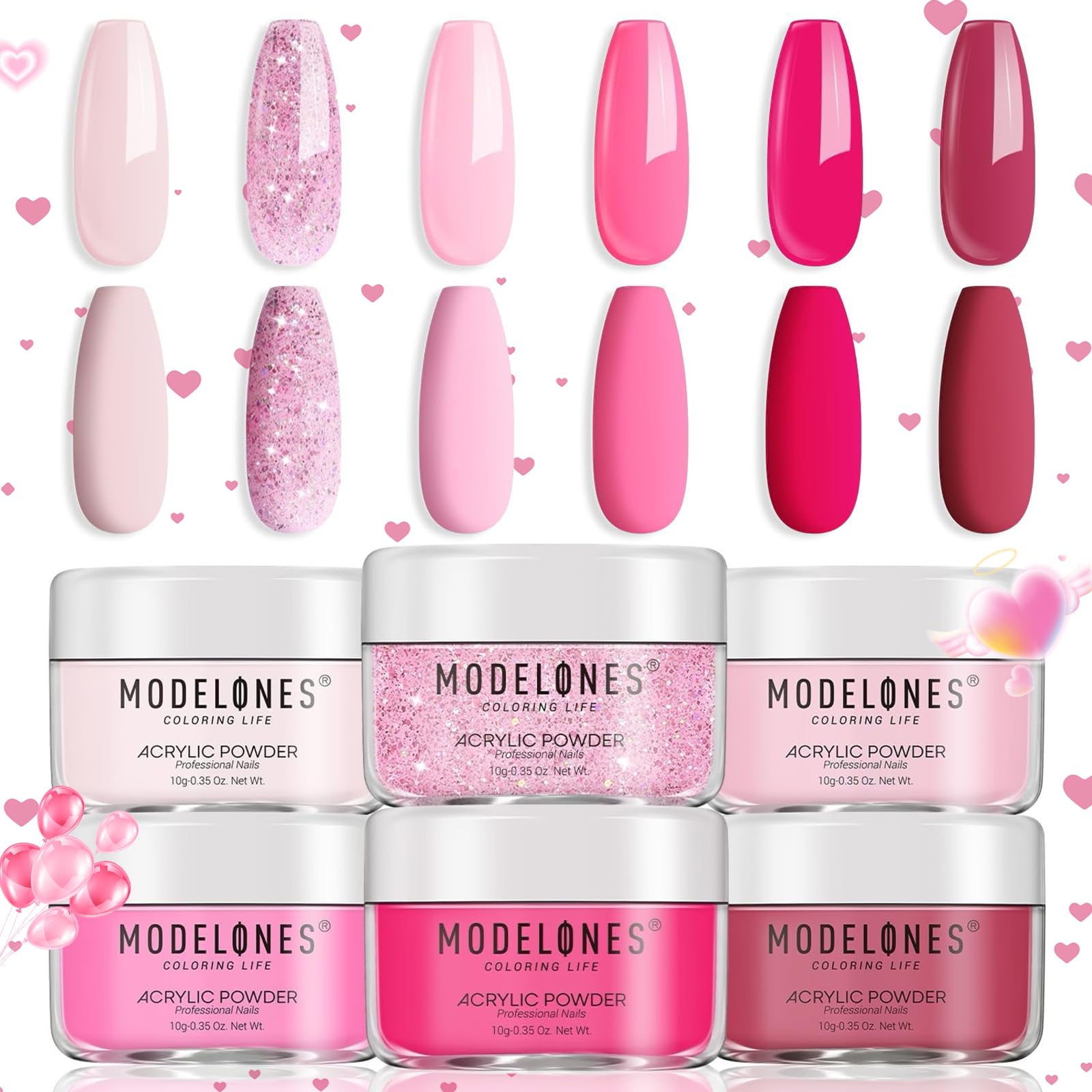 Modelones front packaging showing six pink acrylic powder jars and kit benefits