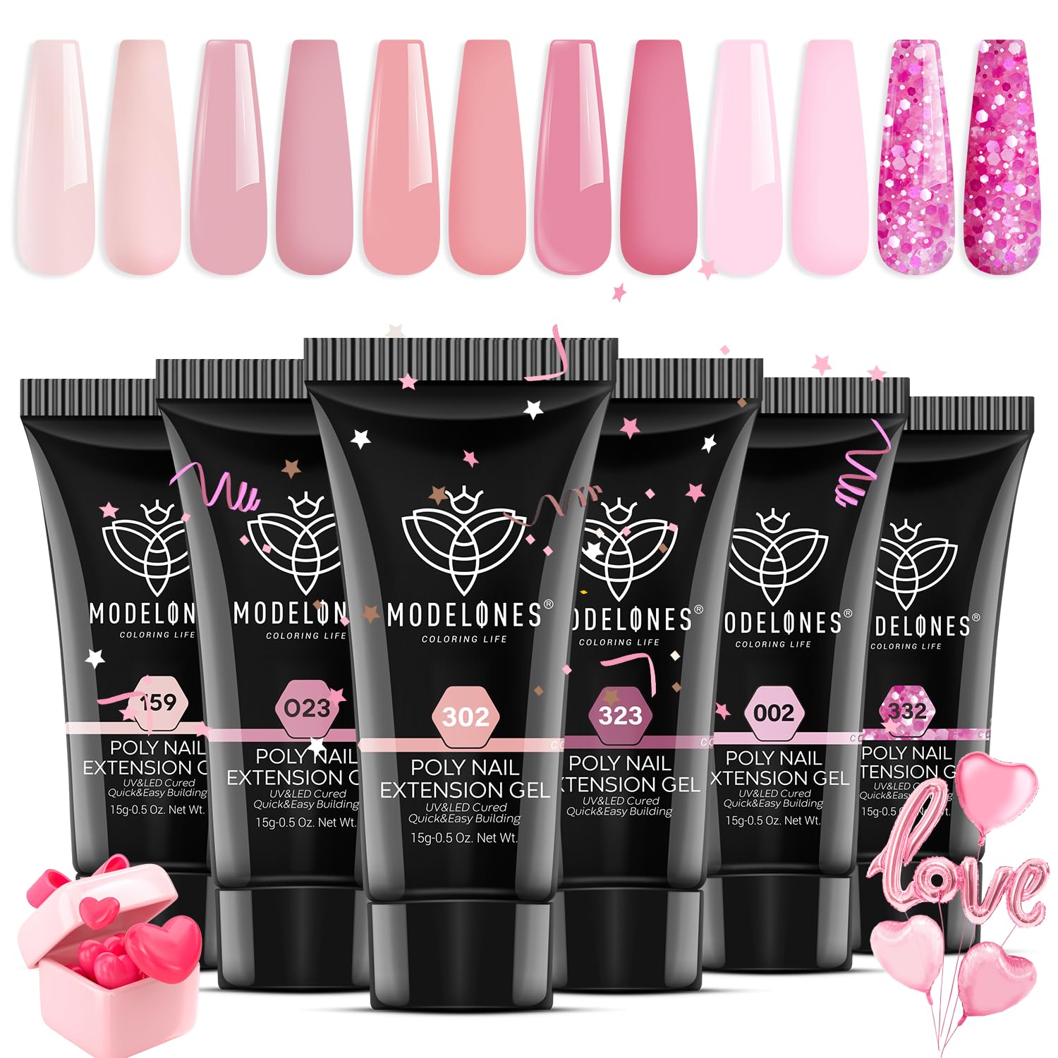 modelones front packaging showing six pink confetti gels for easy selection