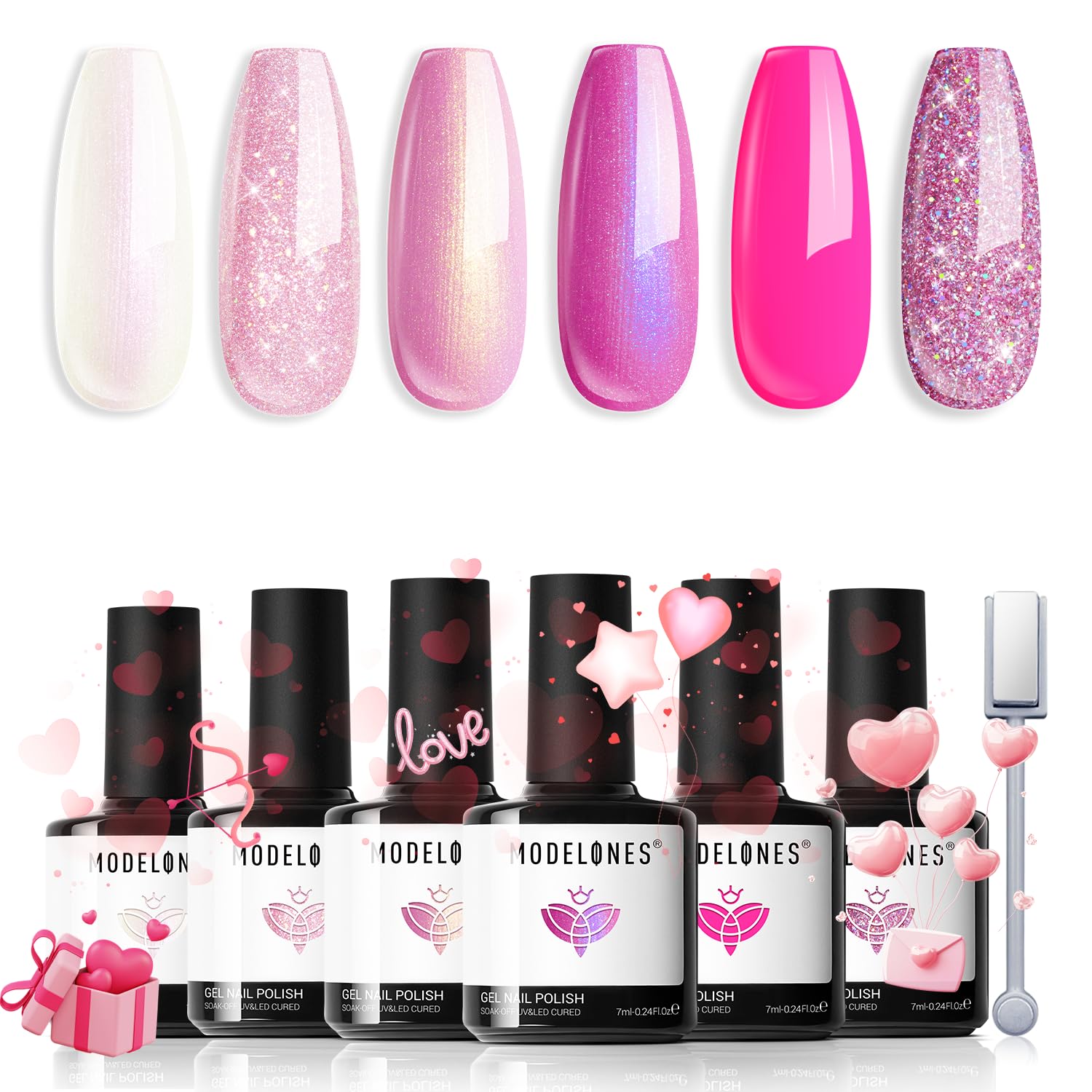 modelones front packaging showing six pink glitter bottles and magnet, gift-ready