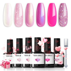 modelones front packaging showing six pink glitter bottles and magnet, gift-ready
