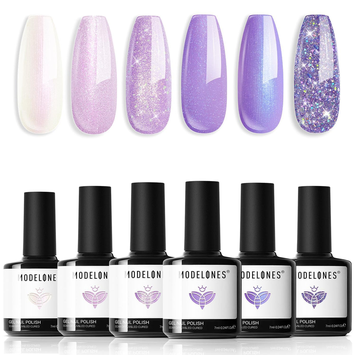 modelones front packaging showing full purple glitter kit benefit quick selection