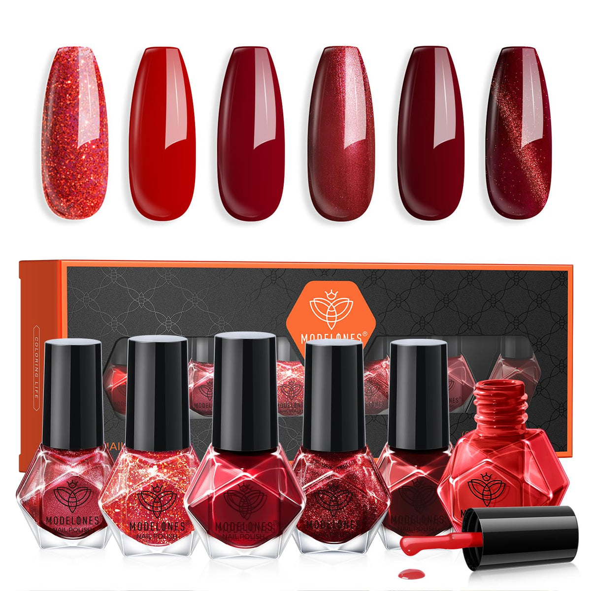 modelones front packaging showing six red mini polishes and kit benefits
