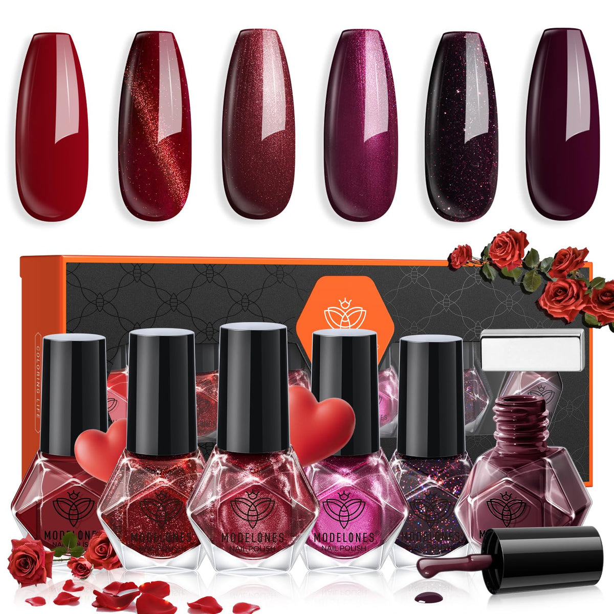 modelones front packaging showing six mini red lacquer bottles for travel convenience