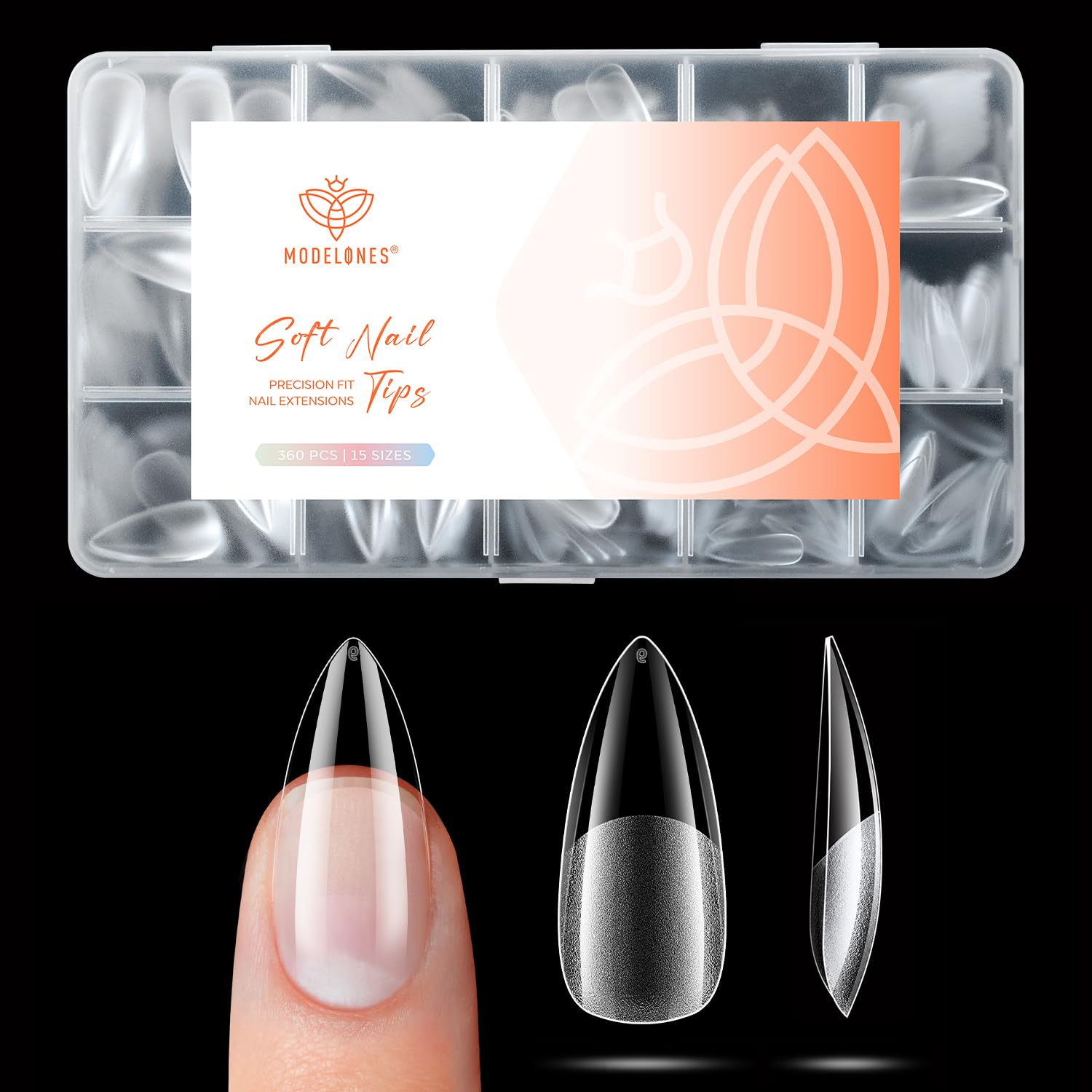 modelones front packaging showing 360-piece stiletto tips and contents benefit fast selection