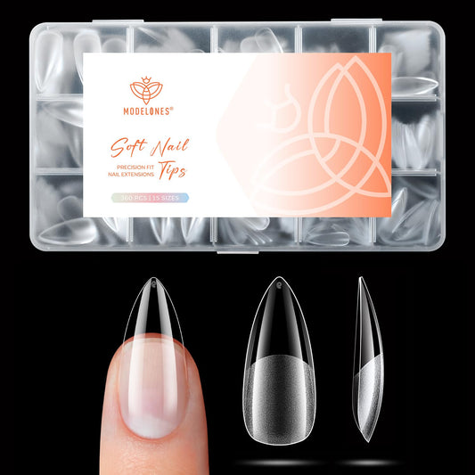 modelones front packaging showing 360-piece stiletto tips and contents benefit fast selection