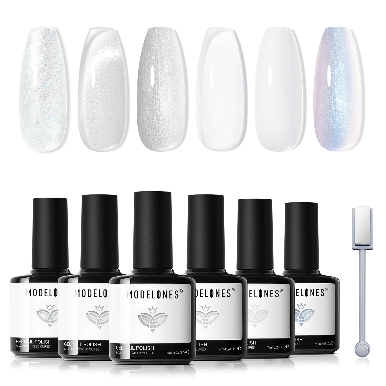 modelones front packaging showing six white gel bottles and included magnet for versatile looks