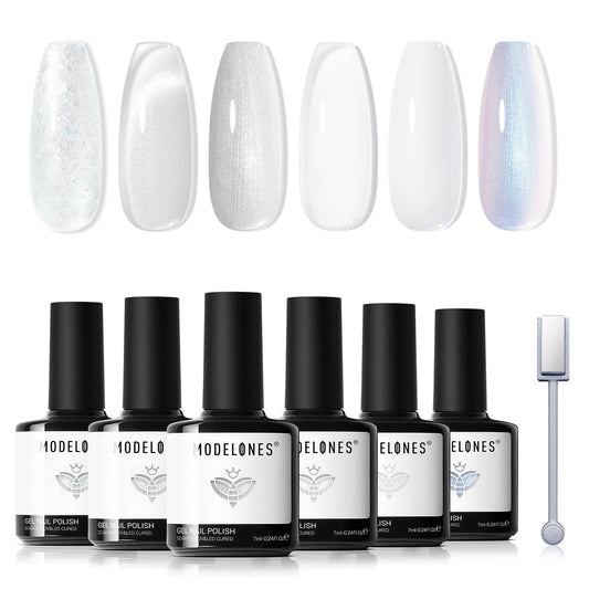 modelones front packaging showing six white gel bottles and included magnet for versatile looks