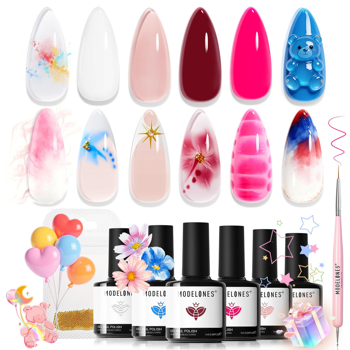 modelones front packaging showing all six bottles and box, clear overview benefit