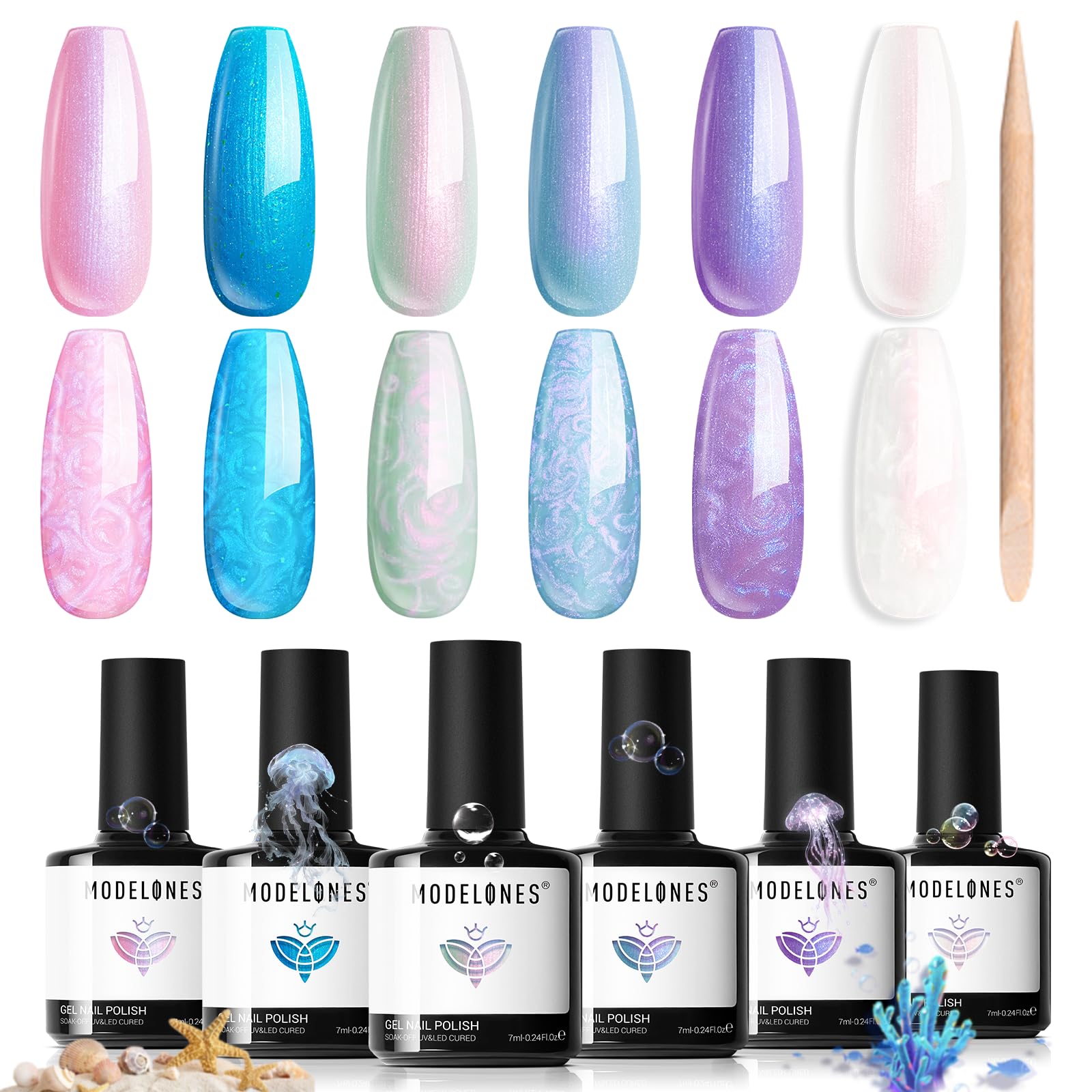 modelones front packaging showing six pearl gel bottles and dotting pen, clear kit benefit
