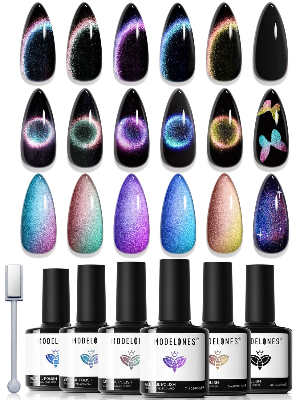 modelones front packaging showing all six polishes and magnet, clear kit display benefit