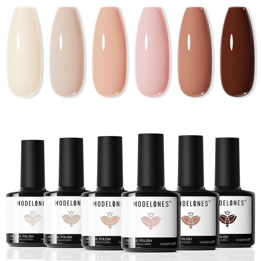 modelones front packaging showing six nude gel bottles and glossy finish benefit