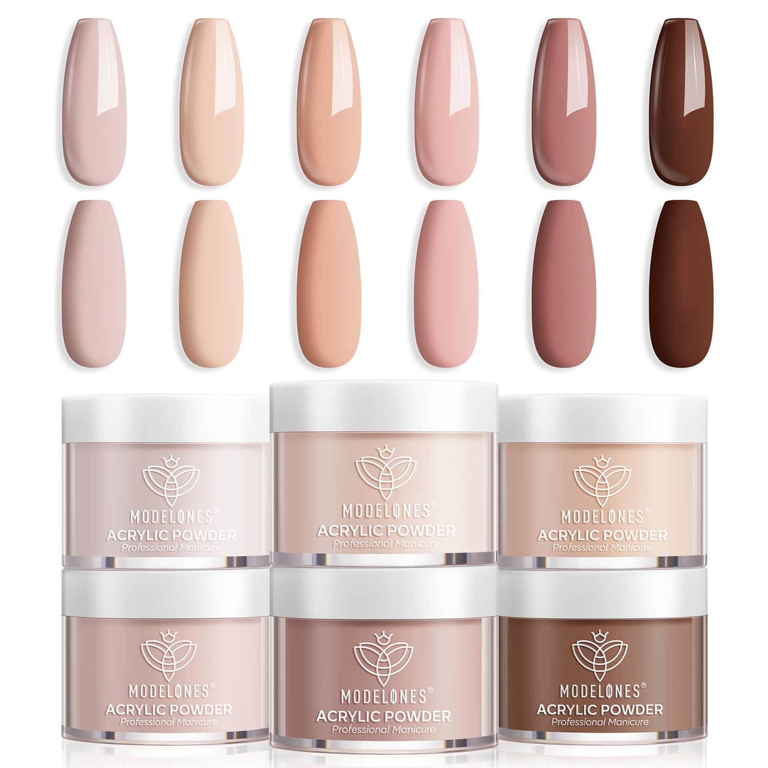 modelones front packaging showing six nude jars and kit benefits