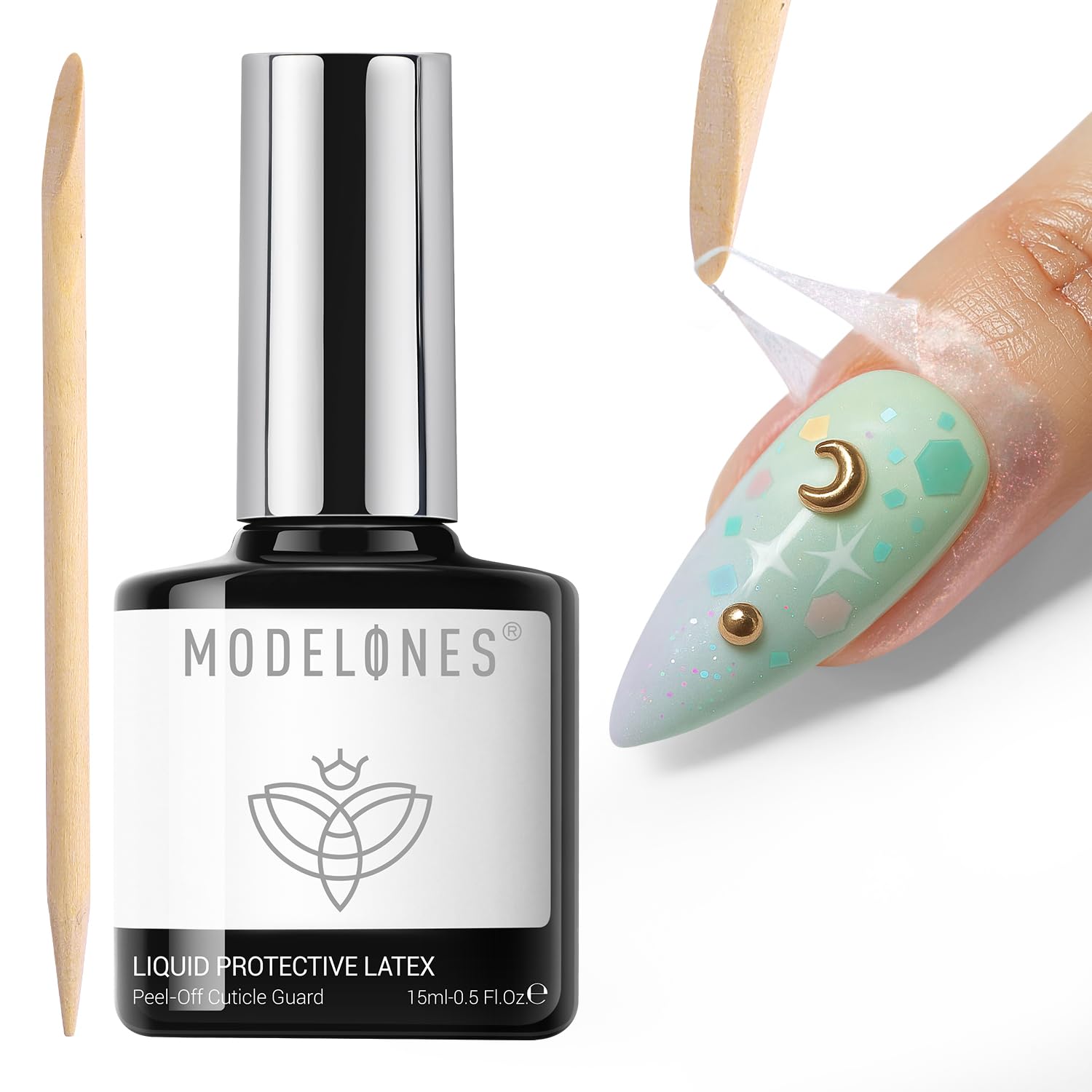 modelones front packaging showing 15 ml bottle and label, promotes easy application