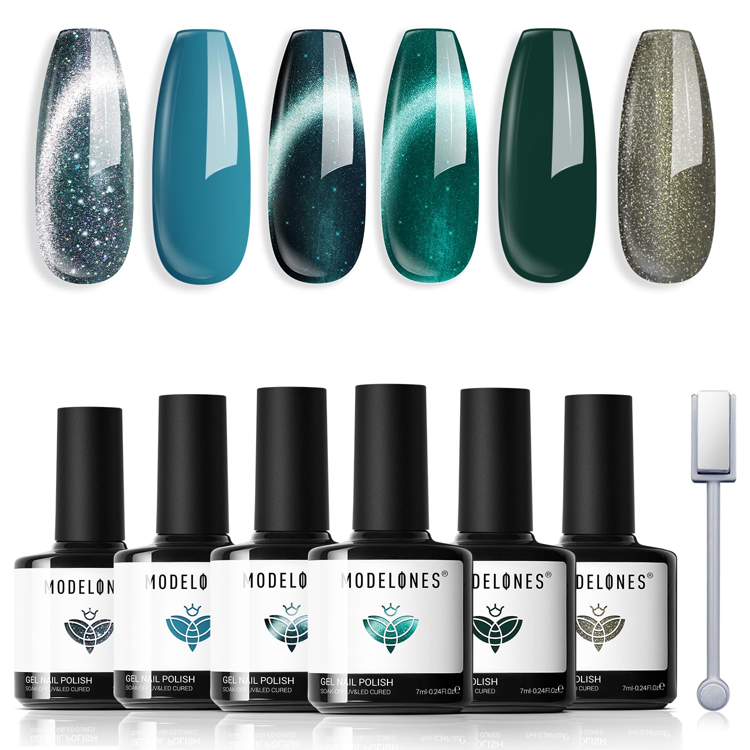 modelones front packaging showing six blue green gel bottles and magnet benefits long-lasting shine