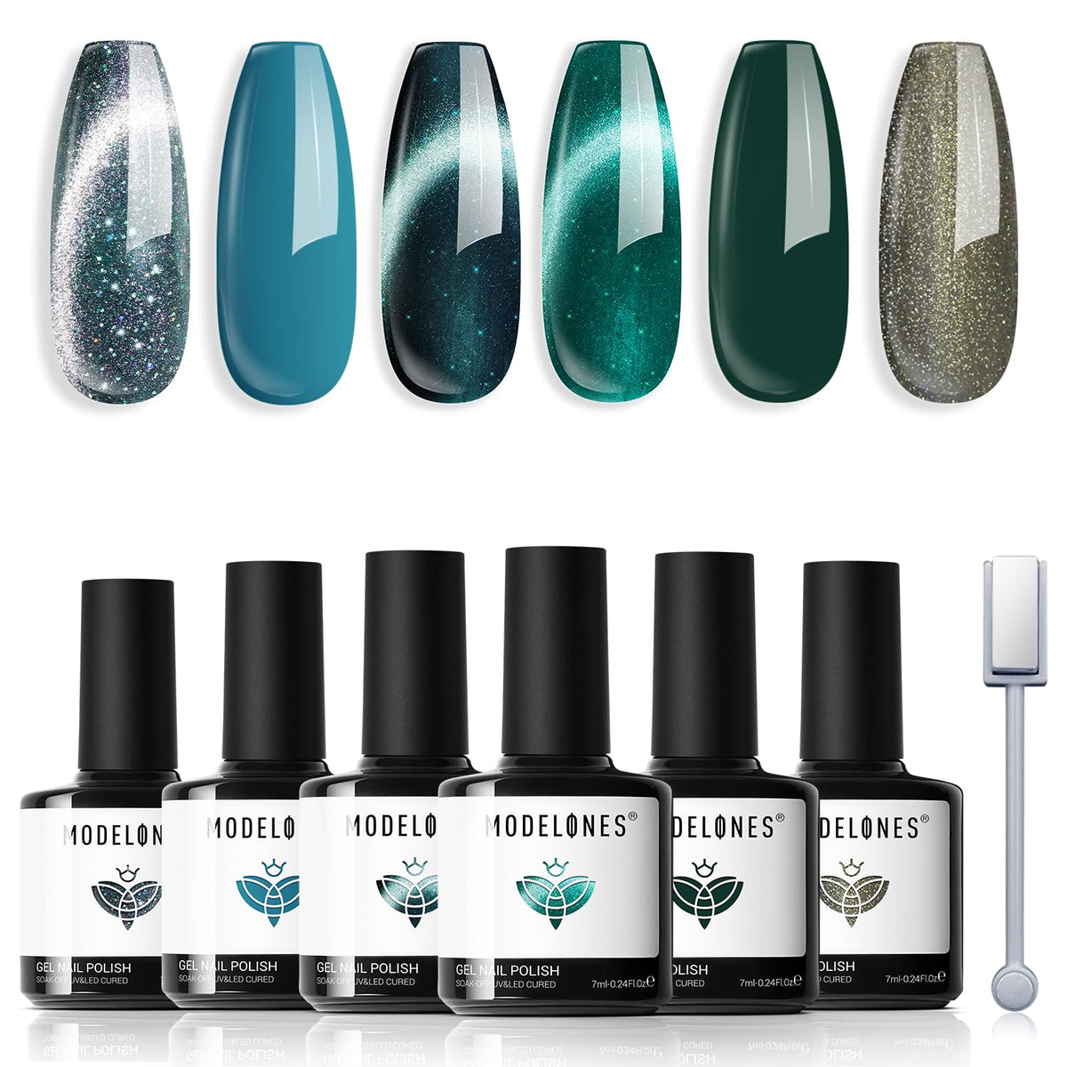 modelones front packaging showing six blue green gel bottles and magnet benefits long-lasting shine