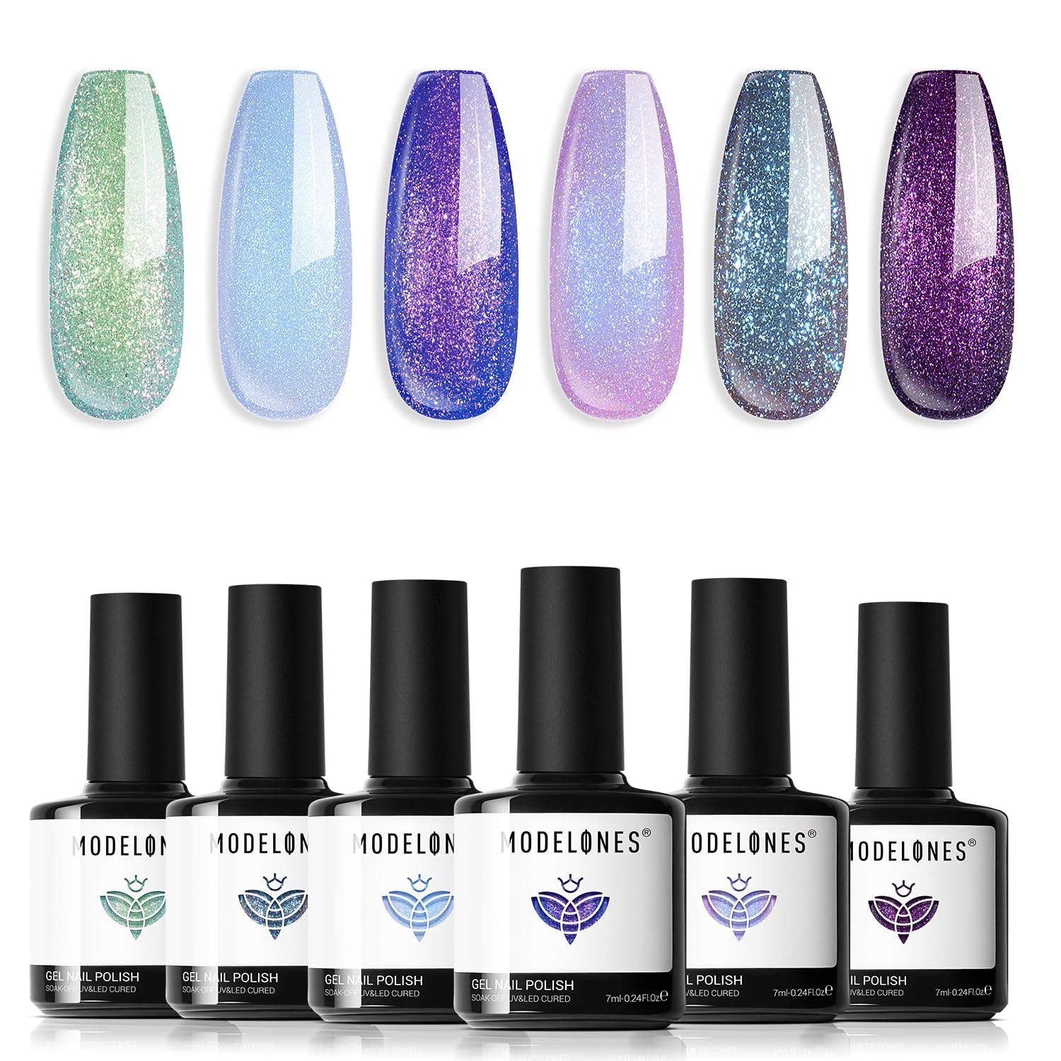modelones front packaging showing six aurora chameleon gel bottles and lamp