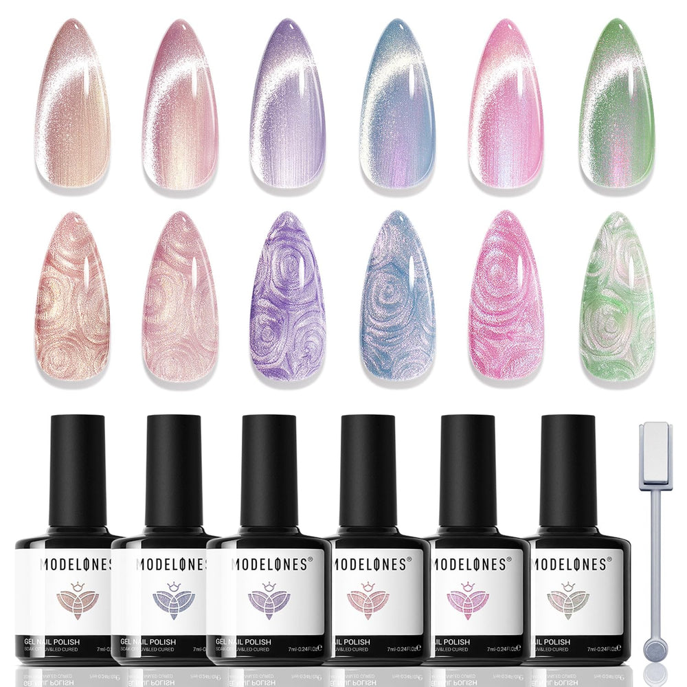 modelones front packaging showing six shimmer gel bottles and tools, vivid display benefit