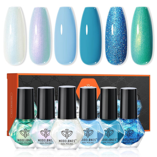 modelones front packaging showing six mini polish bottles and vibrant blue-green tones for travel convenience