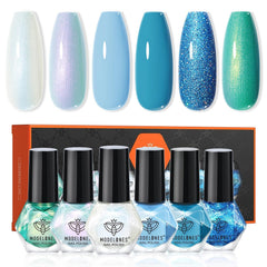modelones front packaging showing six mini polish bottles and vibrant blue-green tones for travel convenience