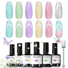 modelones front packaging displaying six gel polish bottles and magnet, compact set benefit