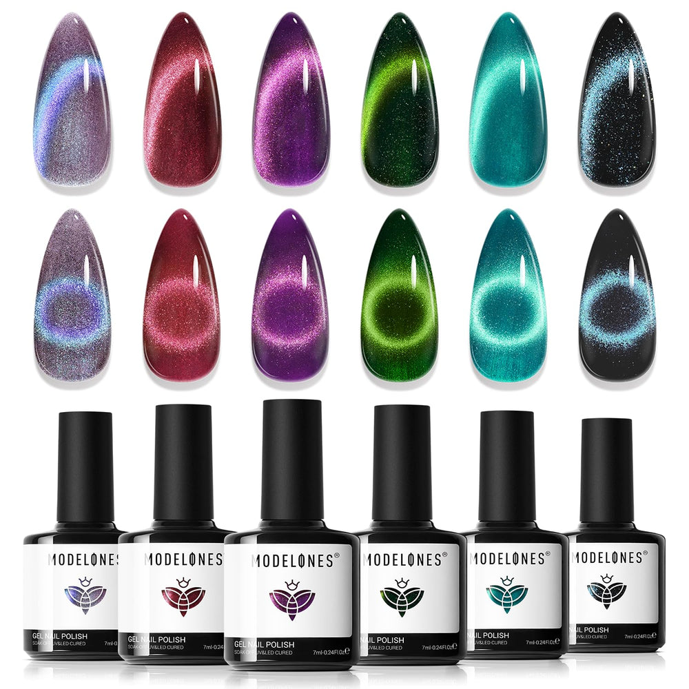 modelones front packaging showing six glitter magnetic gel bottles and magnet, professional kit benefit
