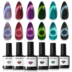modelones front packaging showing six glitter magnetic gel bottles and magnet, professional kit benefit
