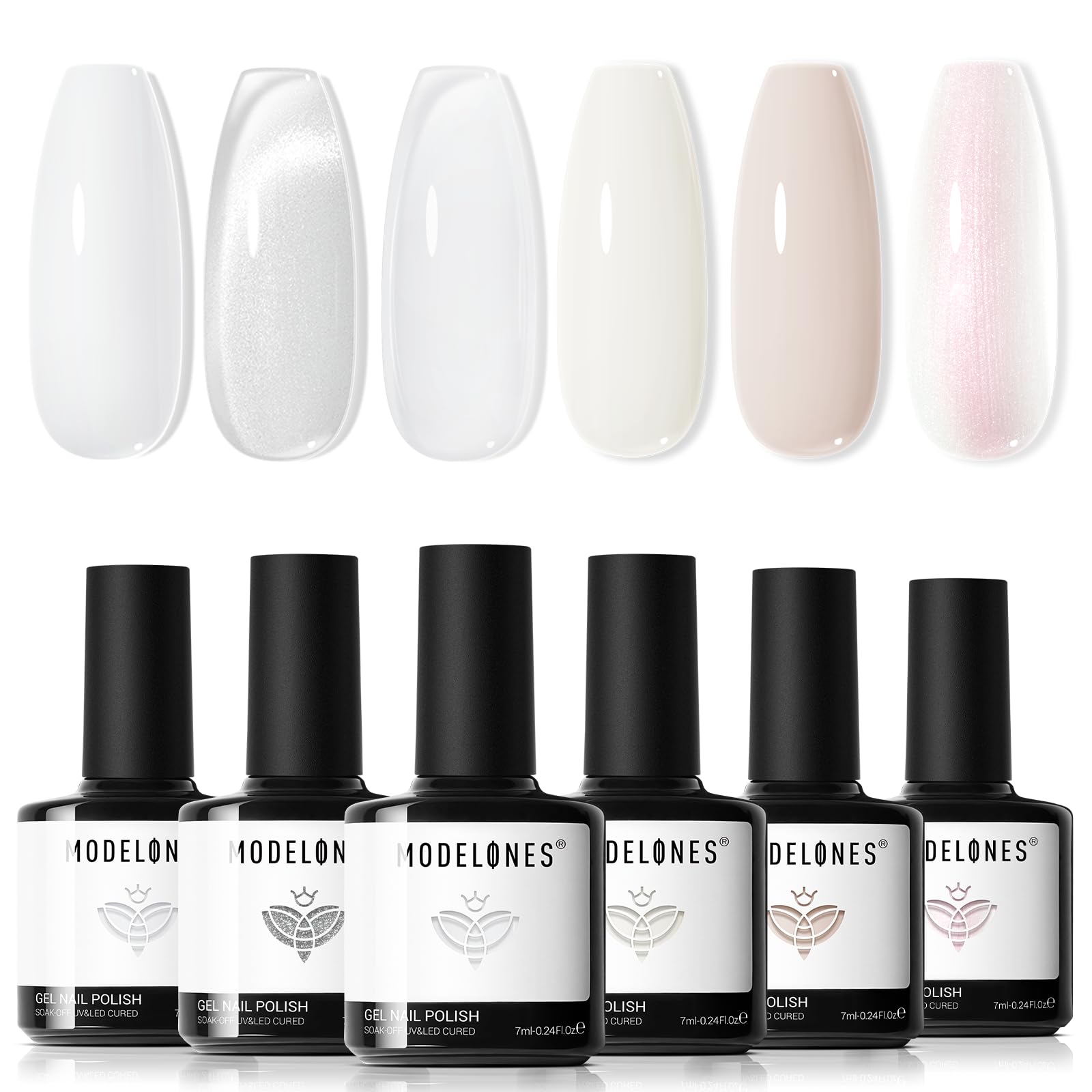 modelones front packaging showing six milky white gel bottles and magnet, conveys complete kit