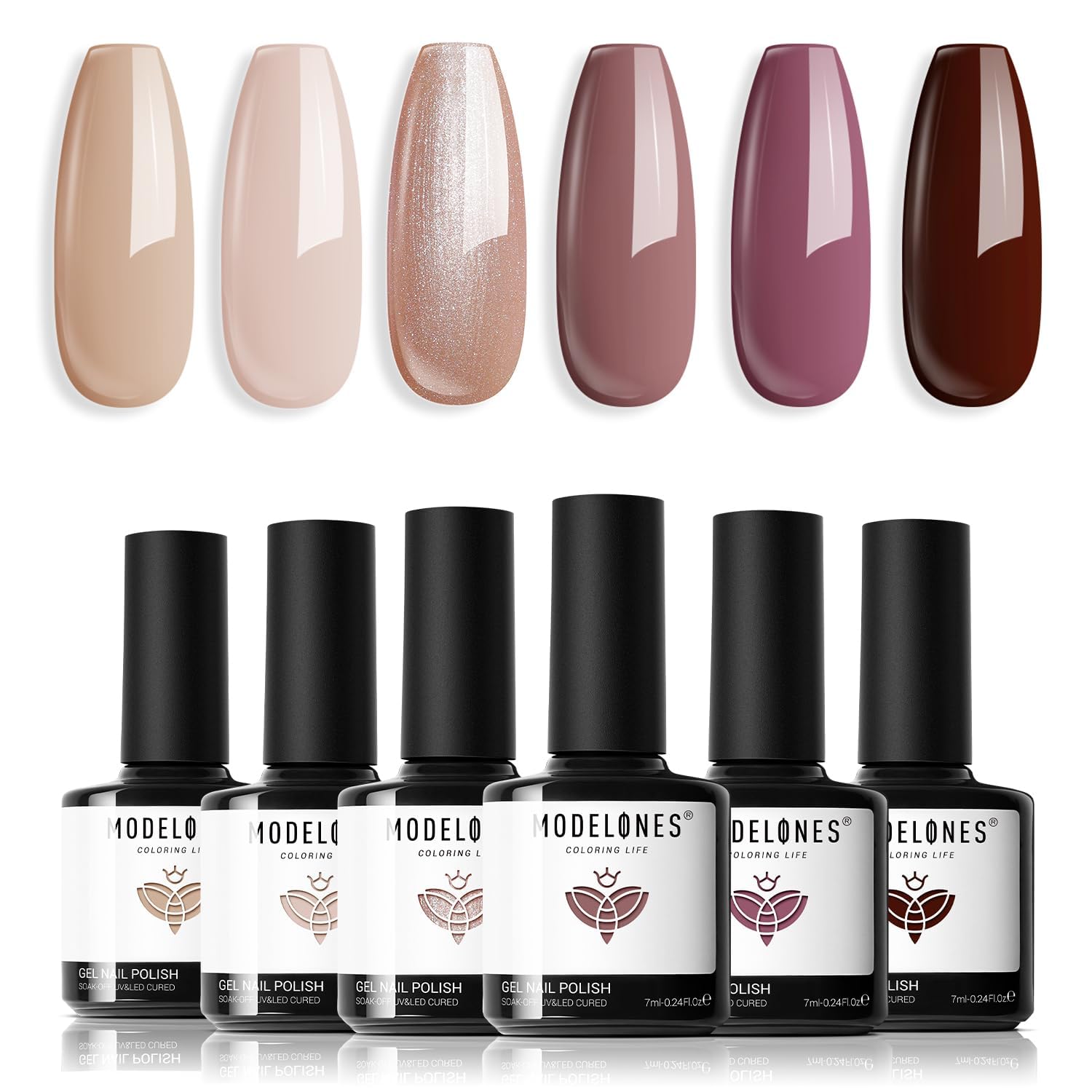 modelones front packaging showing six gel polish bottles and kit benefits