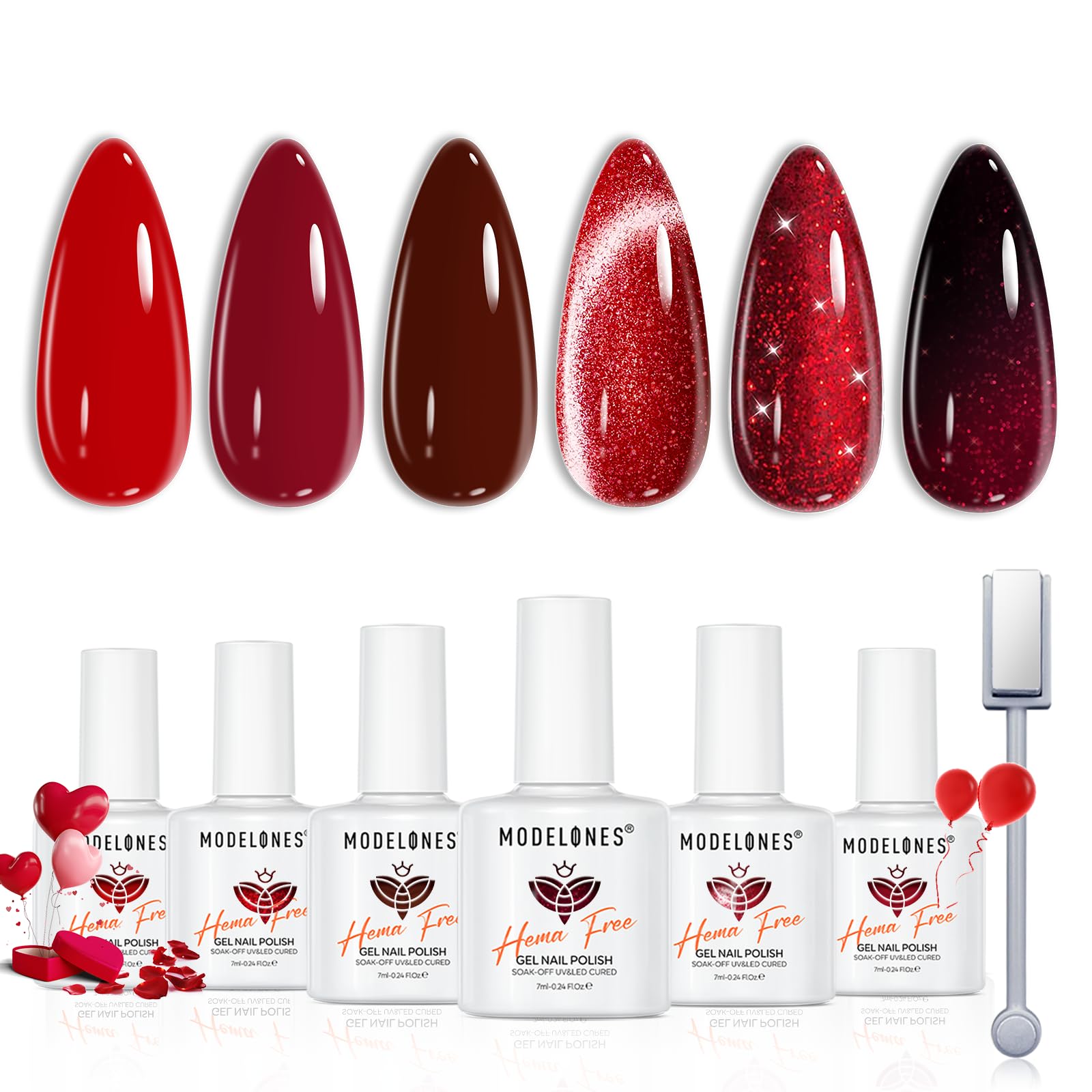 modelones front packaging showing all six red gel polish bottles and kit benefits
