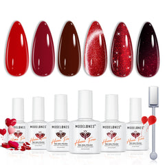 modelones front packaging showing all six red gel polish bottles and kit benefits