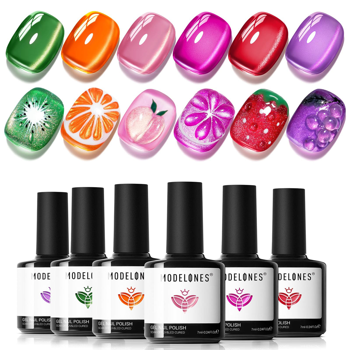 modelones front packaging showing six neon cat eye gel bottles and magnet for instant attraction