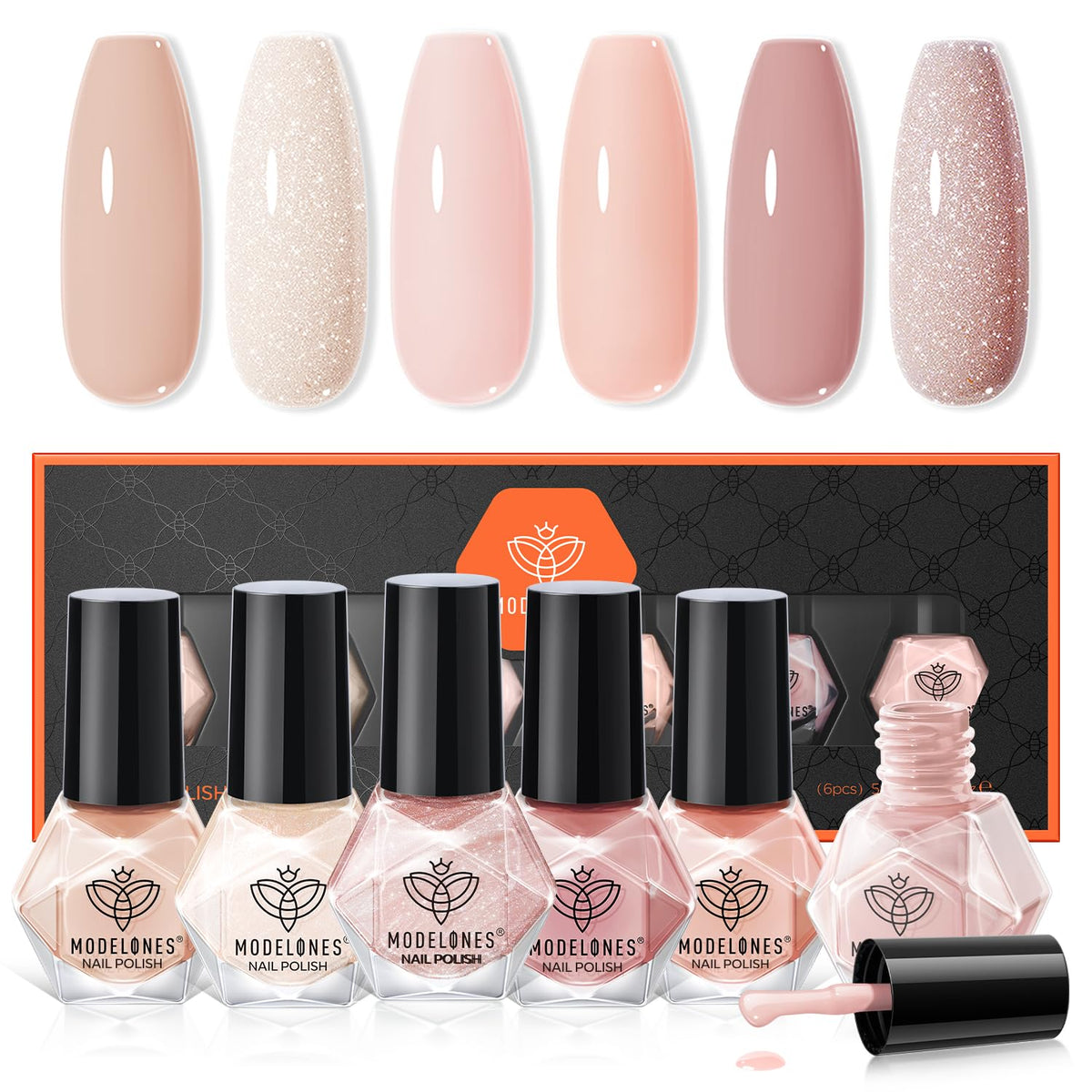 modelones front packaging showing six nude bottles and quick-dry benefit
