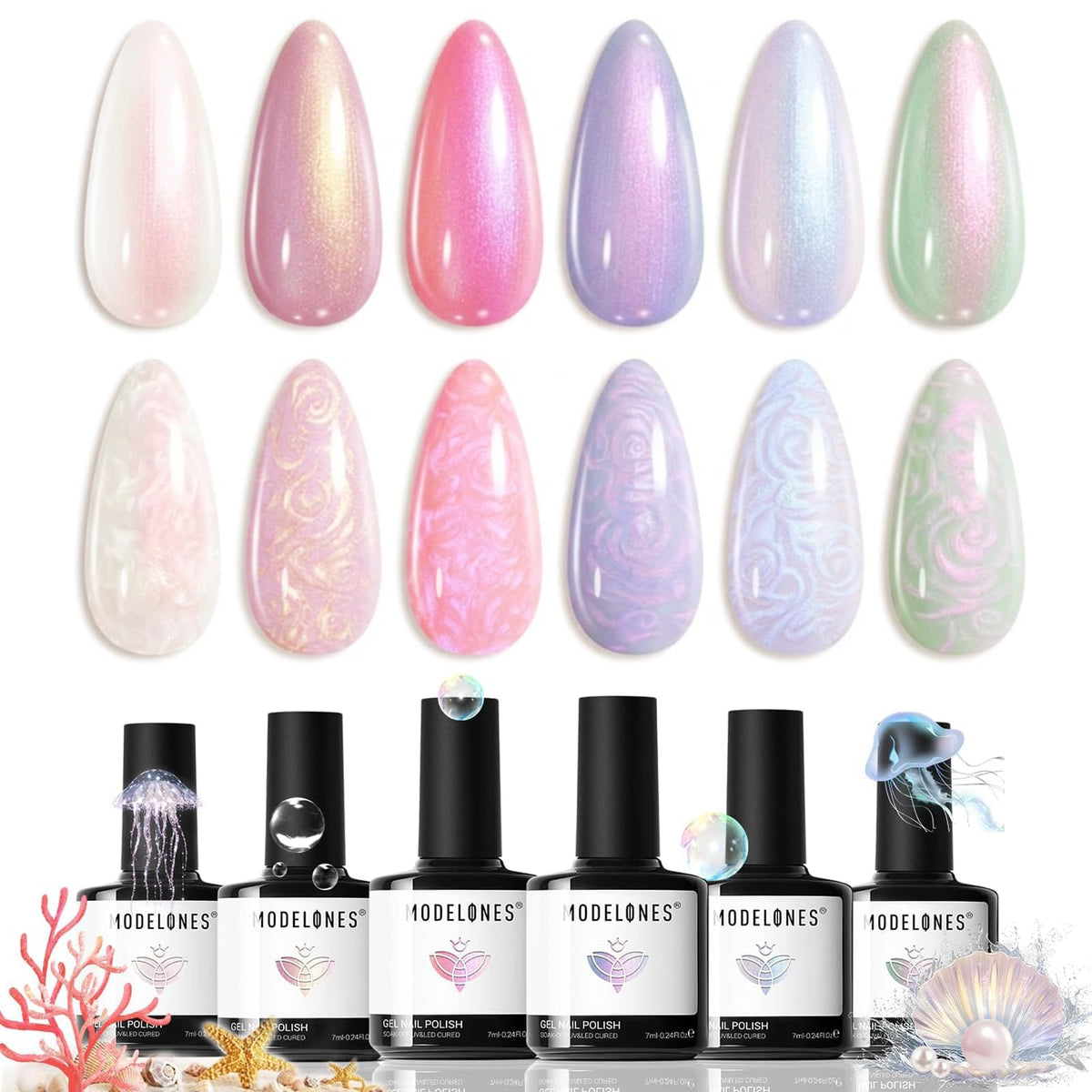 modelones front packaging showing six pearl gel bottles and benefit of complete color set
