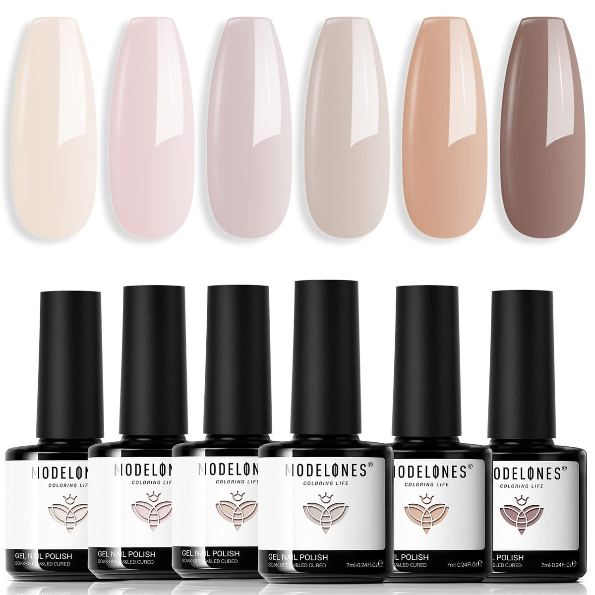 modelones front packaging showing six nude gel bottles and kit benefits