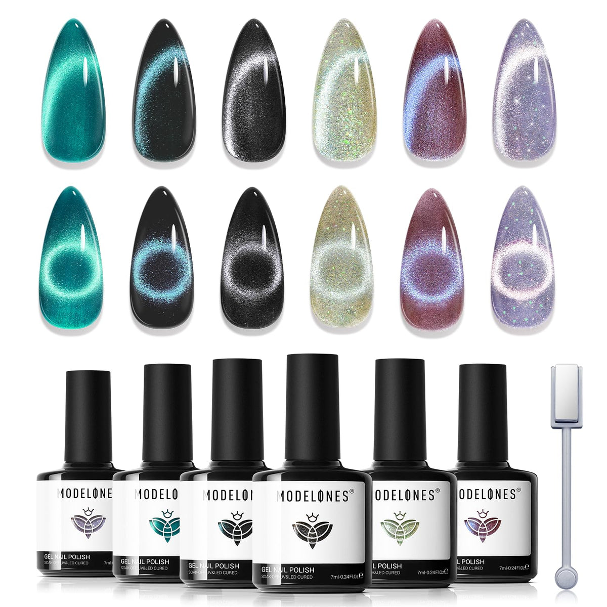 modelones front packaging showing six holographic cat eye bottles and magnet for easy gifting