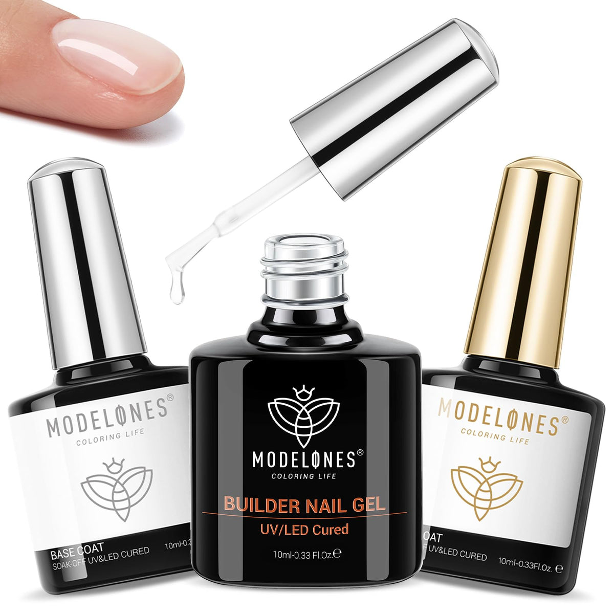 modelones front packaging showing three 10ml gel bottles and kit benefits for easy home use