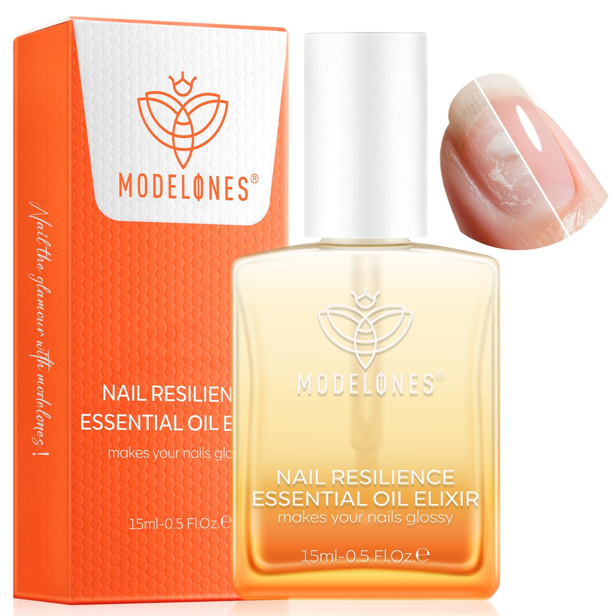modelones front packaging showing clear 15ml bottle and label benefits