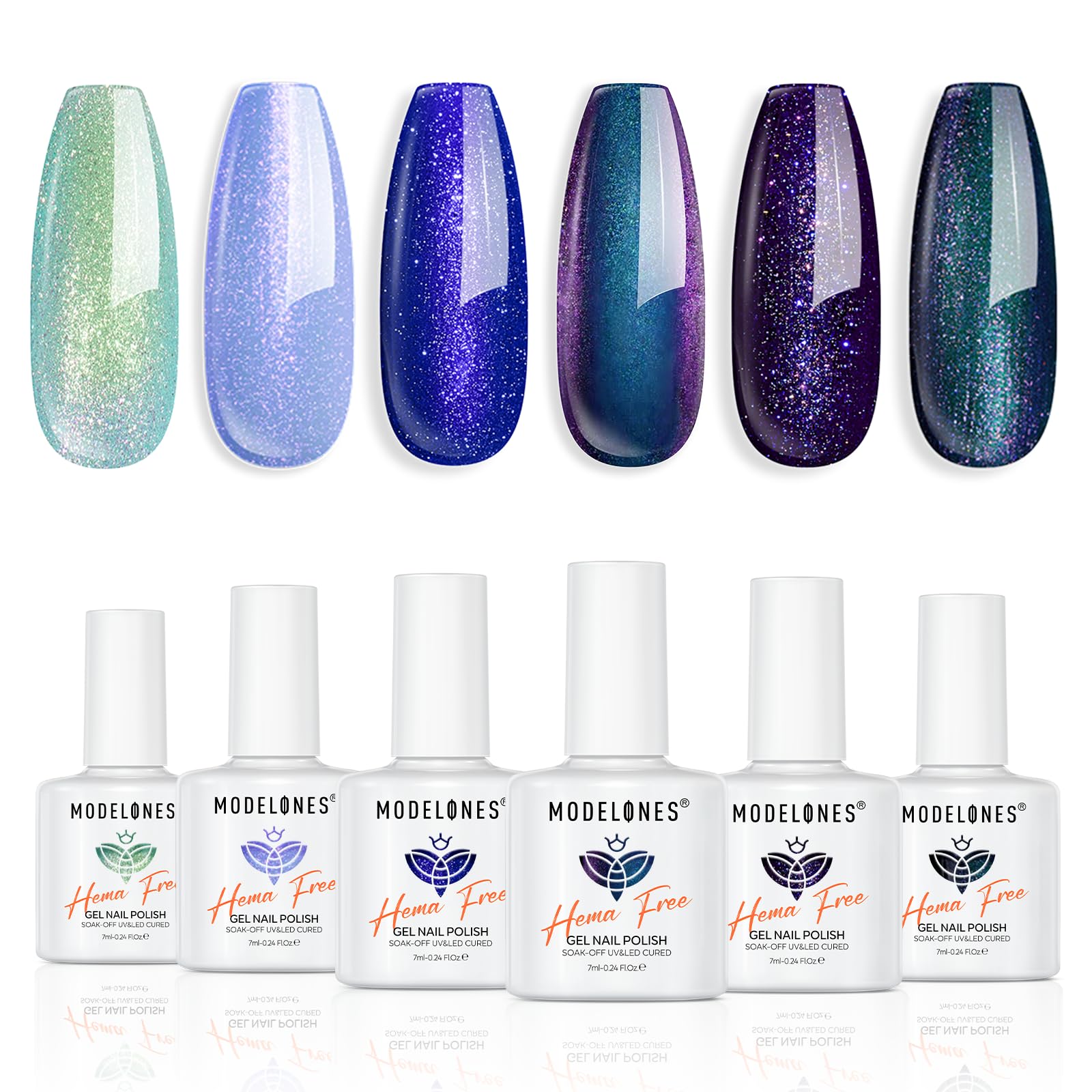 modelones front packaging showing six chameleon glitter bottles for clear product identification and appeal