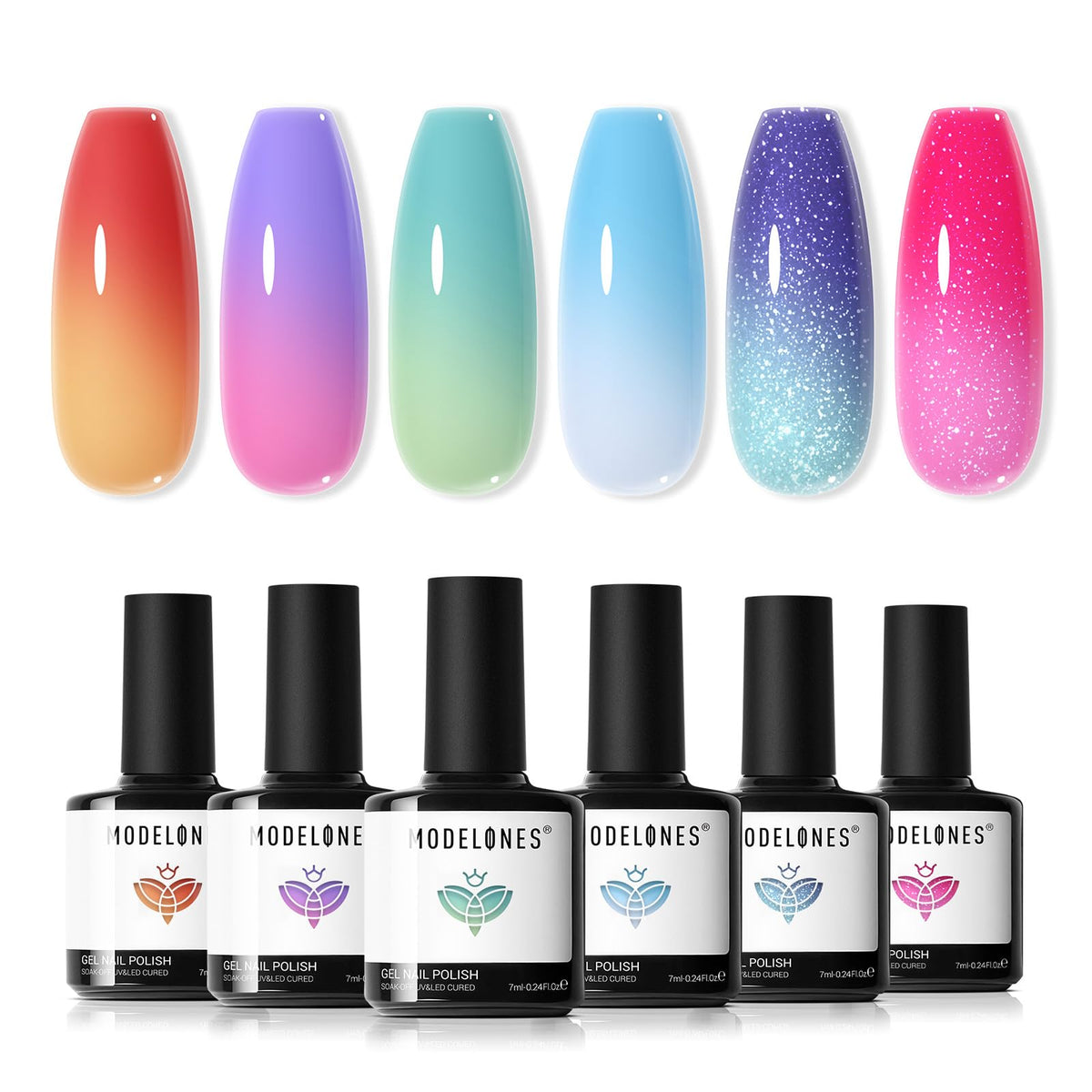 modelones front packaging showing six color-changing bottles and gift box benefits