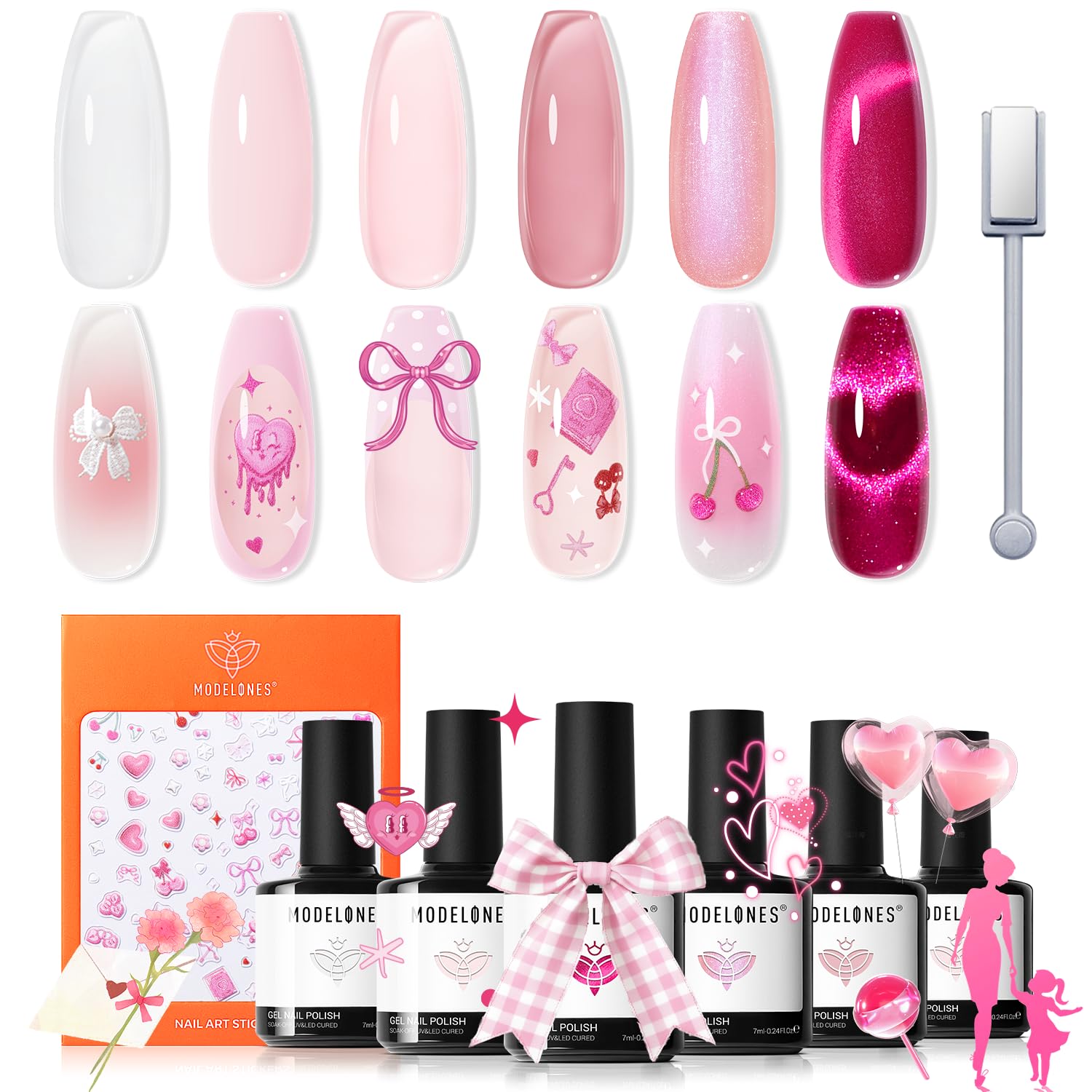 modelones front packaging showing six gel polish bottles and stickers, perfect for gifting
